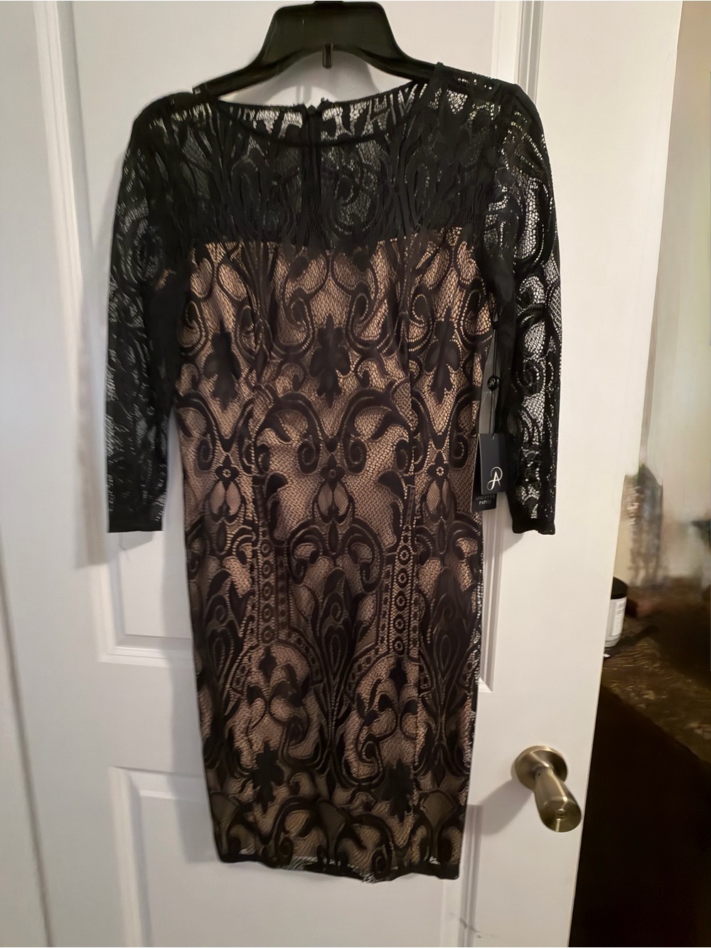 Adrianna Papell Black Lace Overlay Midi Dress with Nude Lining